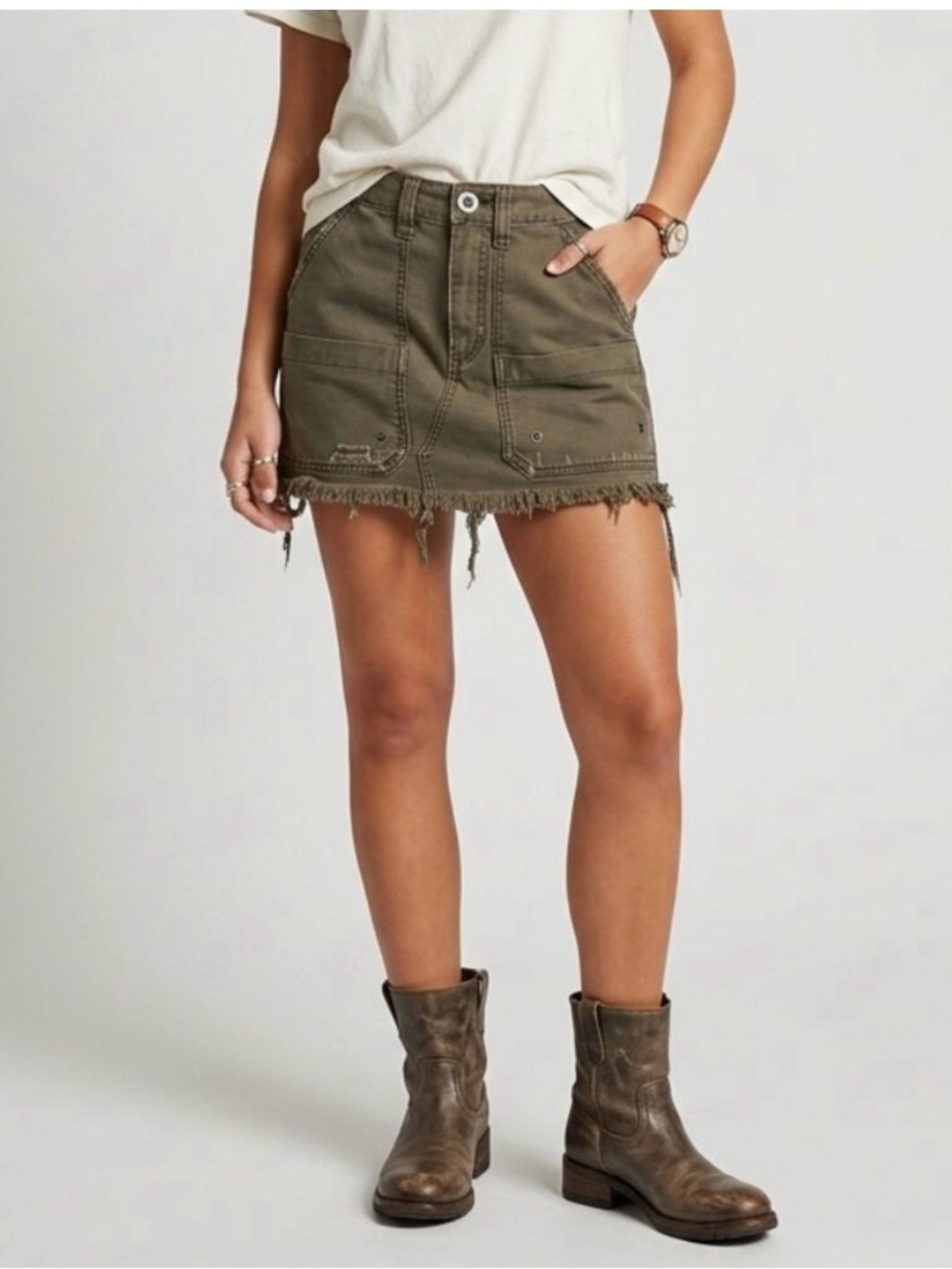 🌺Free People Olive Green Distressed Denim Mini Skirt🌺
